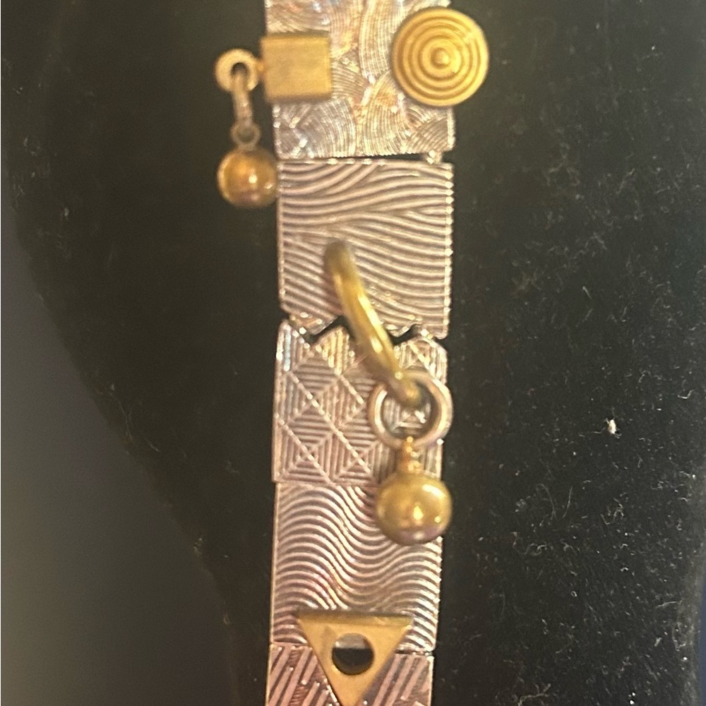 Robin Schechtel vintage geometric brass and  silver bracelet,matching earrings.